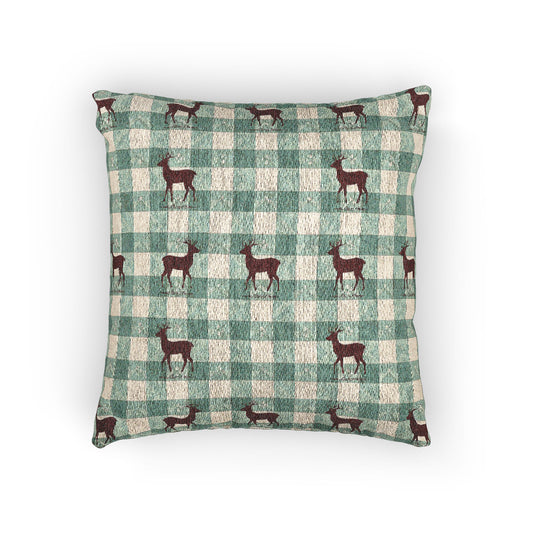 Sage gingham deer woven pillow featuring a maroon stag on a sage and cream check pattern