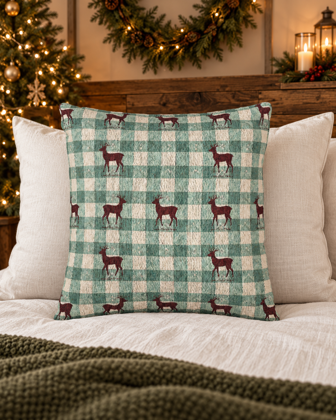 Sage gingham deer woven pillow styled on a couch near a decorated Christmas tree