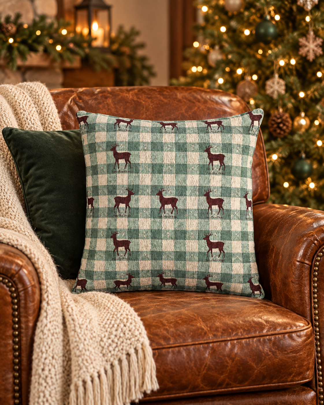 Sage gingham deer woven pillow styled on a leather armchair by the fireplace