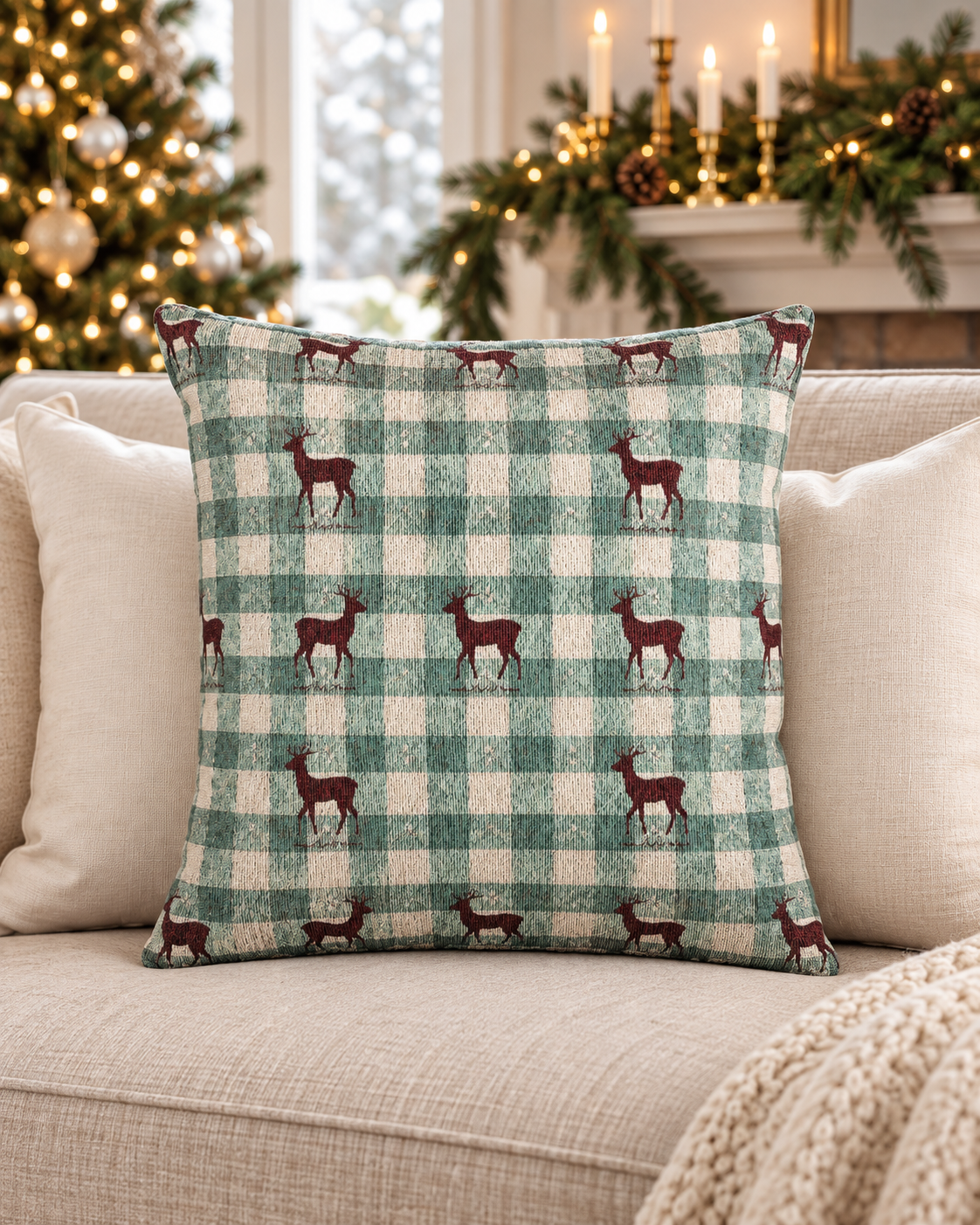 Sage gingham deer woven pillow styled on a cream couch near a Christmas tree
