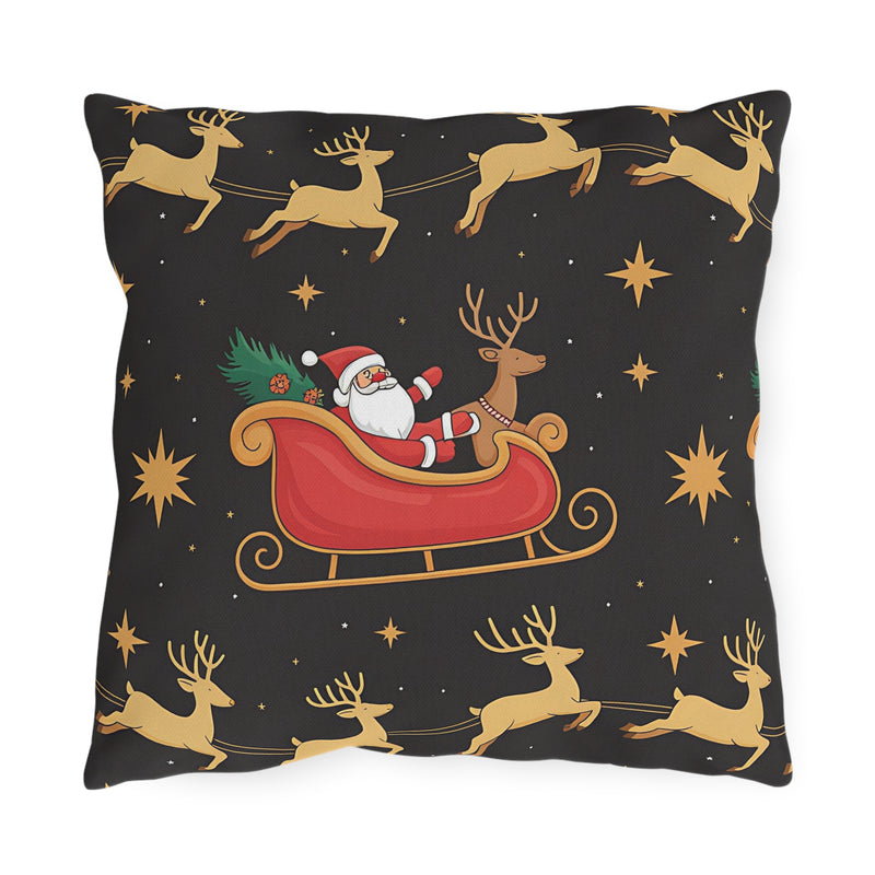 Santa Sleigh outdoor pillow with a large red sleigh and Santa between rows of golden reindeer on charcoal, front view