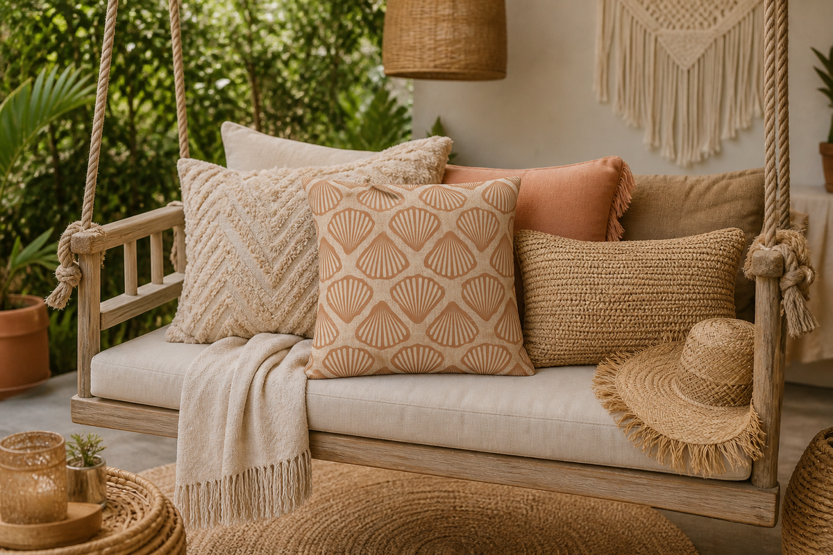 Sea Shell outdoor pillows on a wooden garden bench with a throw and greenery