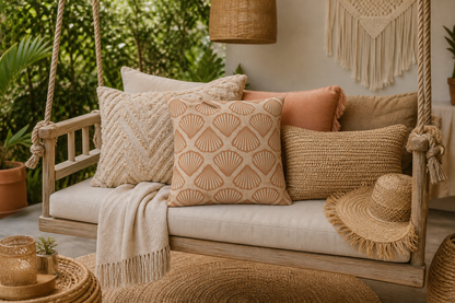 Sea Shell outdoor pillows on a wooden garden bench with a throw and greenery