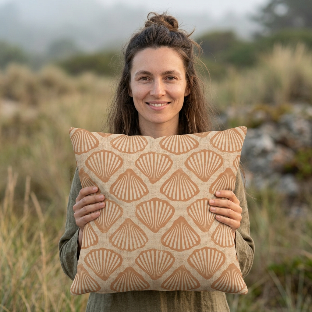 Woman holding the Sea Shell outdoor pillow in a coastal landscape, showing its size
