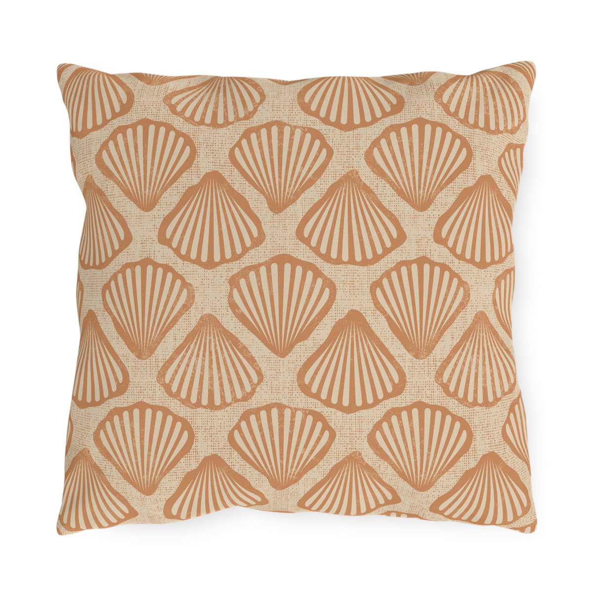 Sea Shell outdoor pillow in cream with terracotta scallop shells, front view