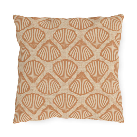 Sea Shell outdoor pillow in cream with terracotta scallop shells, front view