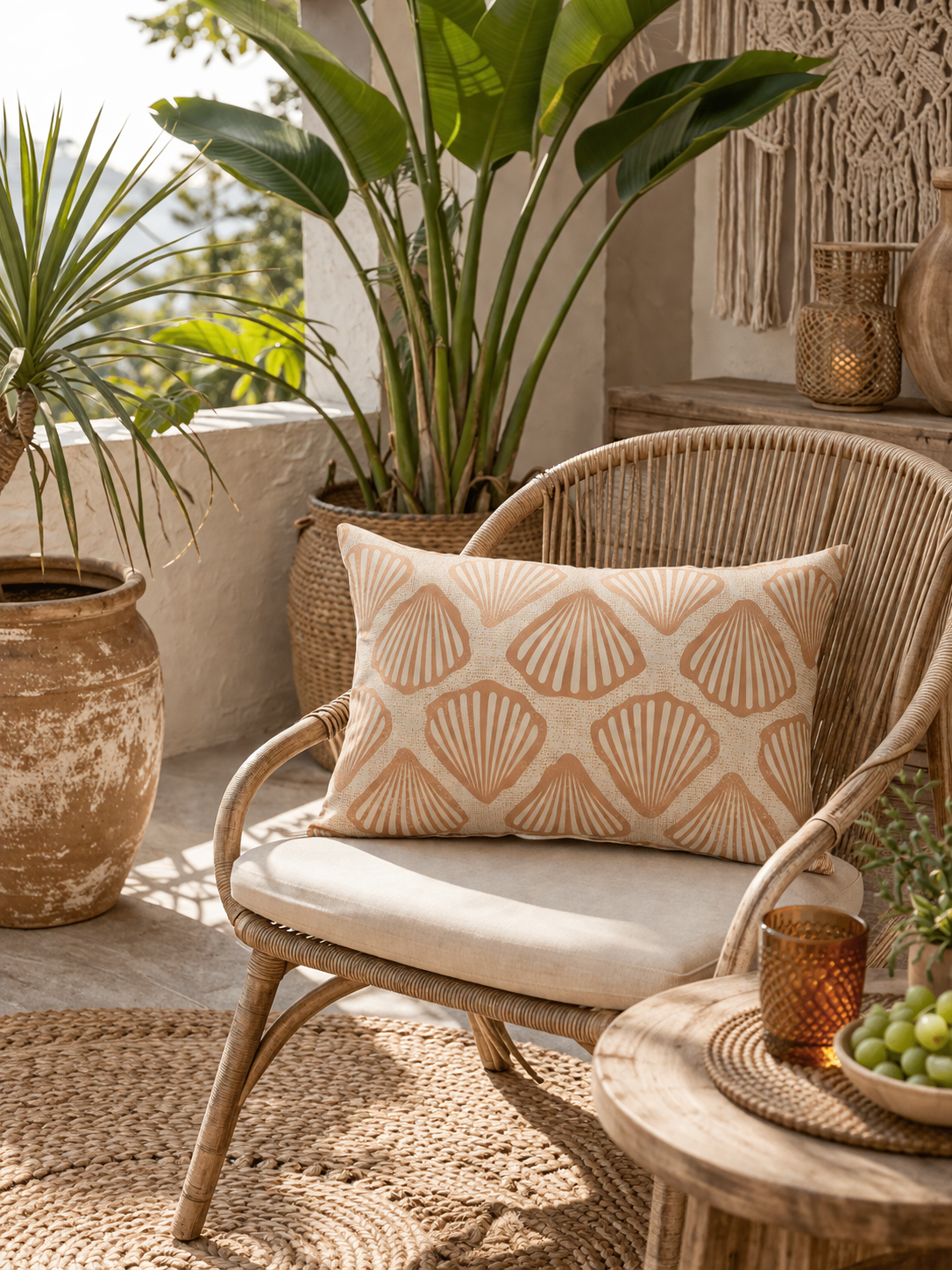 Sea Shell outdoor cushion on a rattan chair beside potted palms