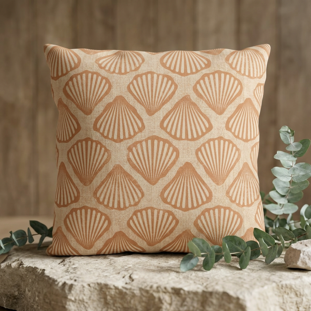 Sea Shell outdoor pillow on a stone wall with eucalyptus branches