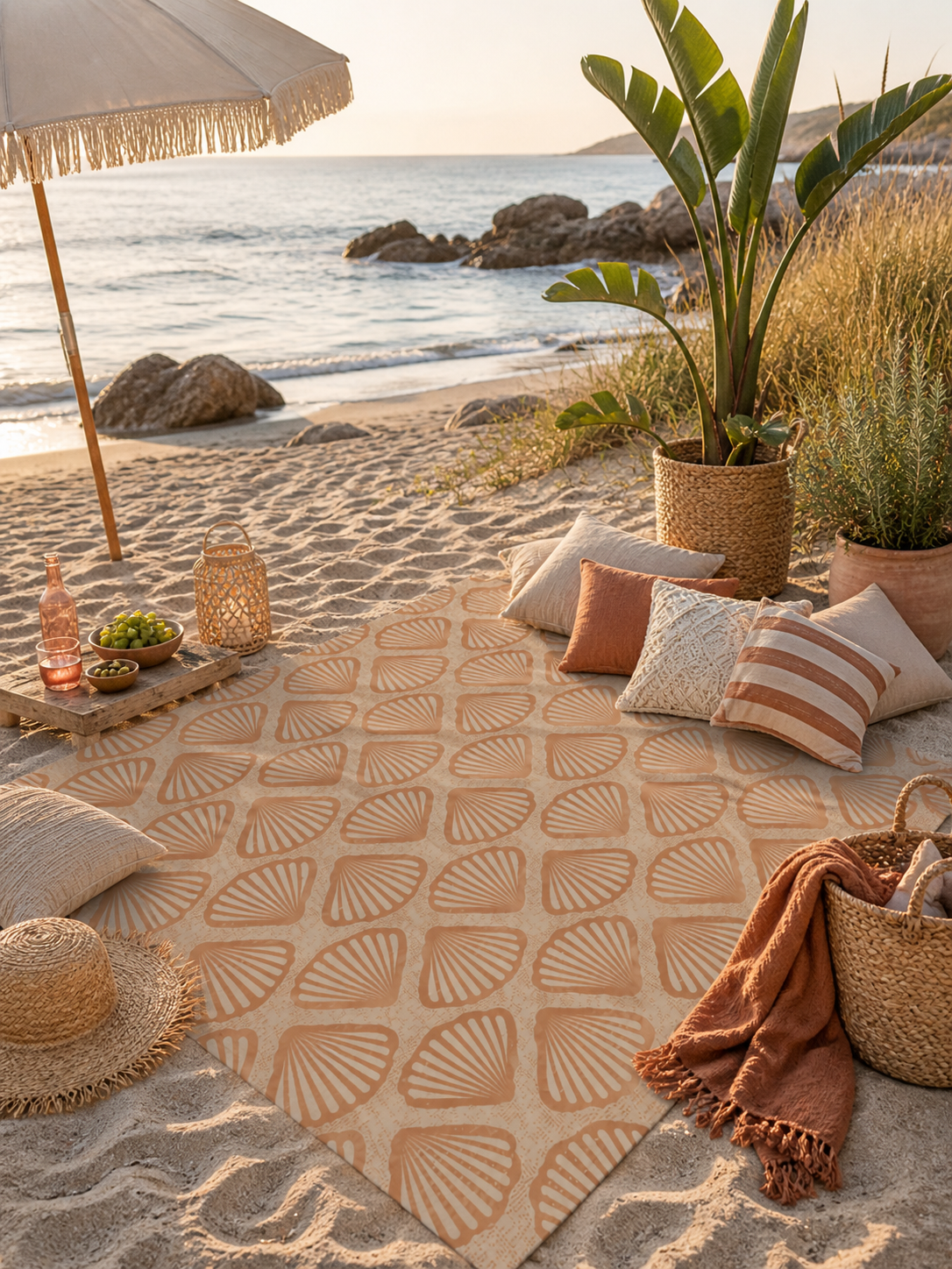 Sea Shell outdoor rug on a beach with cushions, a parasol and dune grass