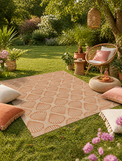 Sea Shell outdoor rug on a garden lawn with cushions and a rattan chair