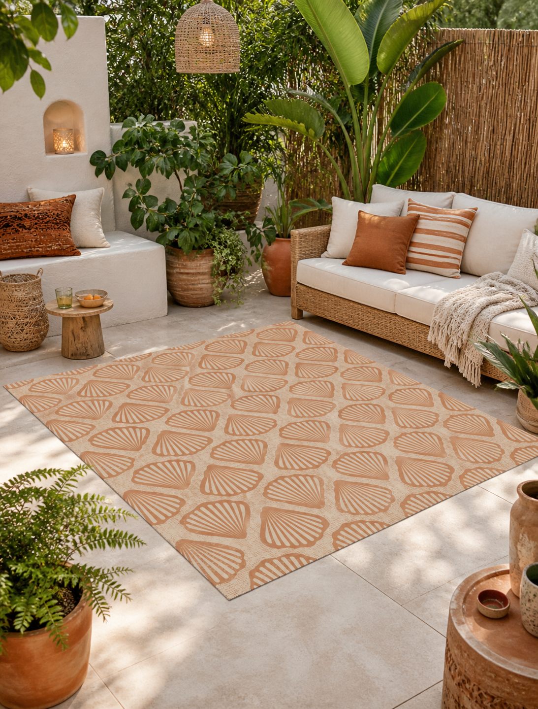 Sea Shell outdoor rug on a terrace with a cream sofa and potted palms