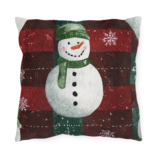 Snowman Plaid outdoor pillow with watercolor snowmen on red and green plaid with snowflakes, front view