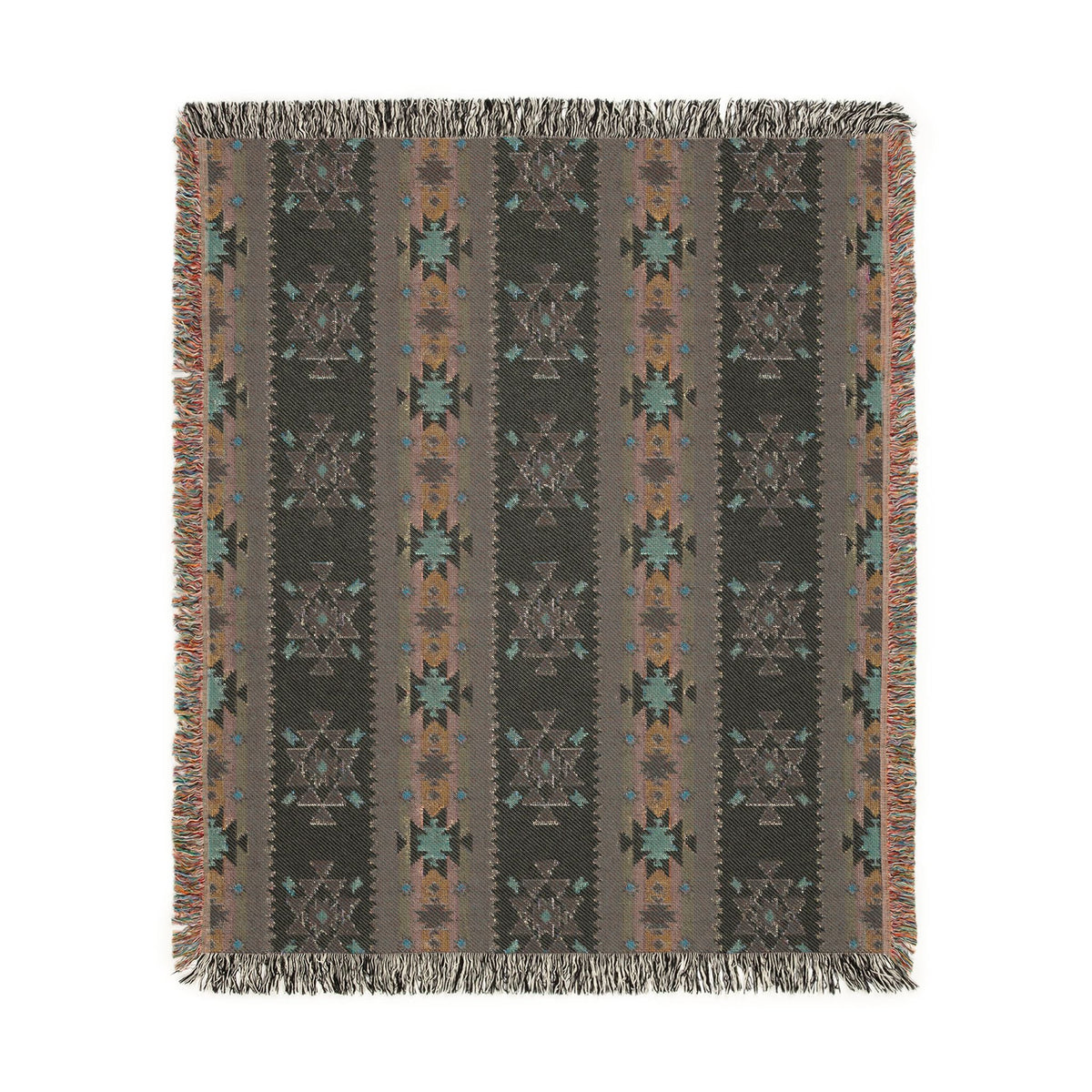 Reverse side of the Southwestern woven blanket in charcoal with rust and blue stripe bands