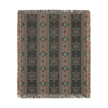 Reverse side of the Southwestern woven blanket in charcoal with rust and blue stripe bands