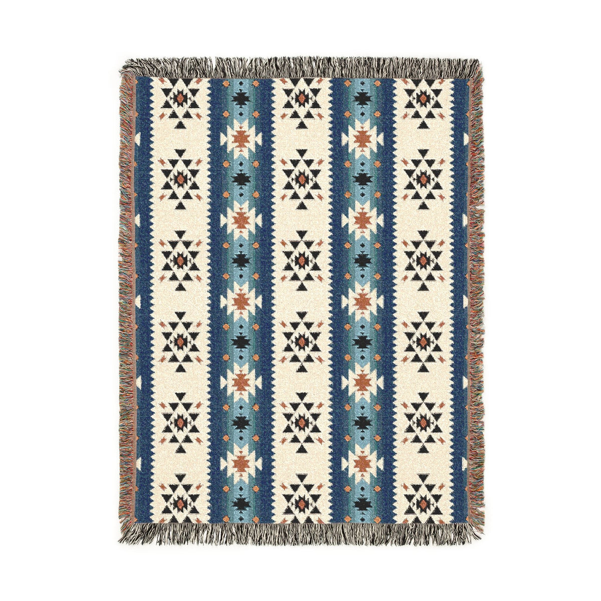 Southwestern woven blanket in cream with navy, blue and rust Aztec stripe bands, shown flat