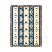 Southwestern woven blanket in cream with navy, blue and rust Aztec stripe bands, shown flat