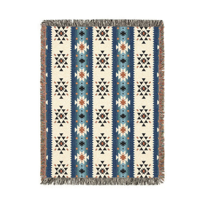Southwestern woven blanket in cream with navy, blue and rust Aztec stripe bands, shown flat