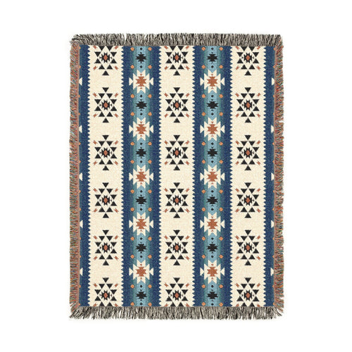 Southwestern woven blanket in cream with navy, blue and rust Aztec stripe bands, shown flat