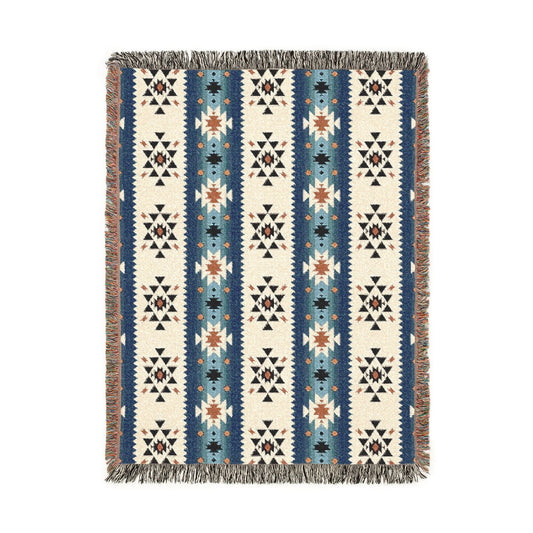 Southwestern woven blanket in cream with navy, blue and rust Aztec stripe bands, shown flat