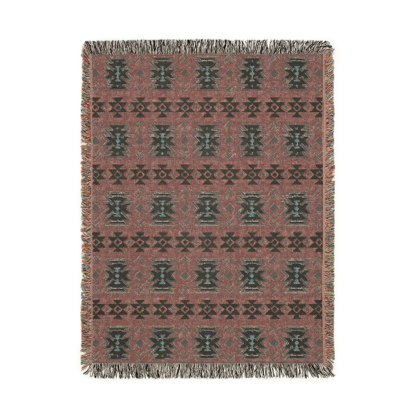 Reverse side of the sky blue Southwestern woven blanket in dusty mauve with teal medallions