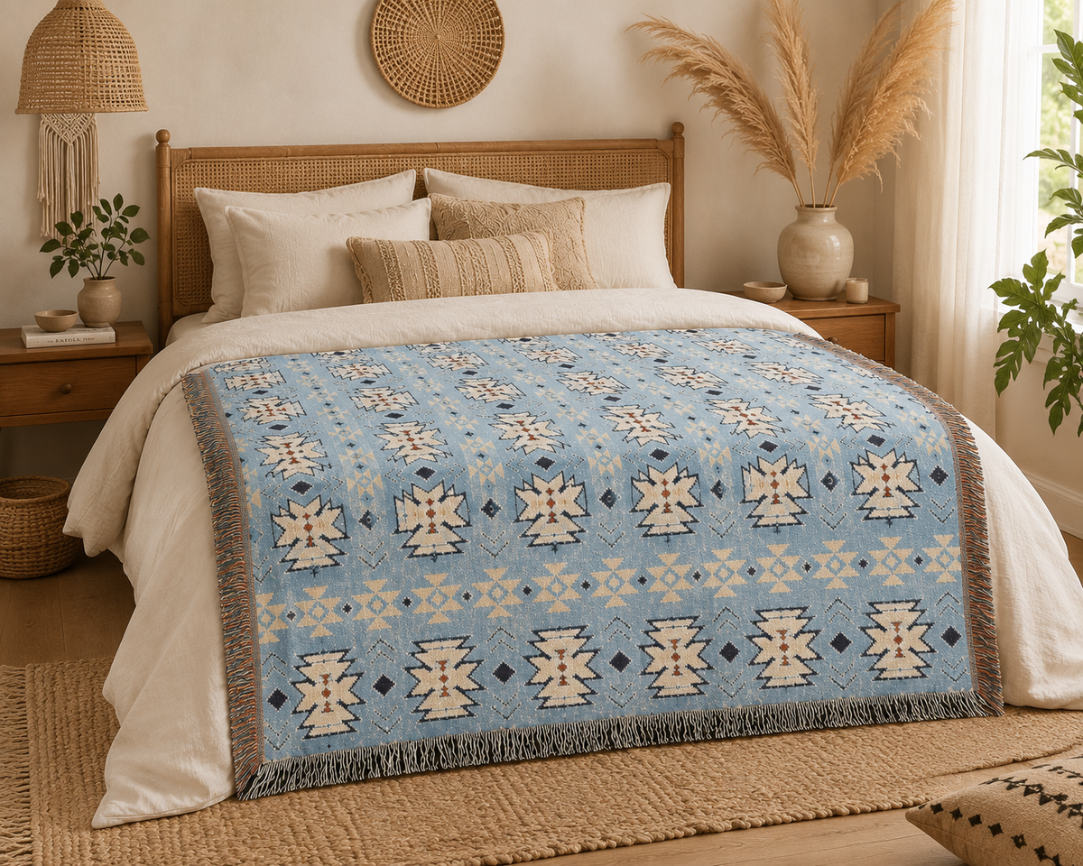Sky blue Southwestern woven blanket used as a bedspread with cream linens and pampas grass
