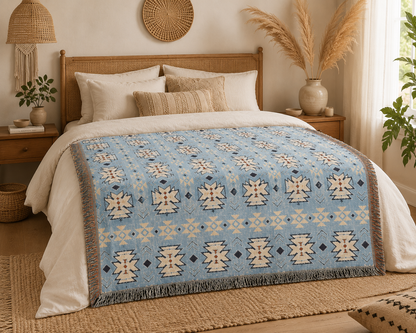 Sky blue Southwestern woven blanket used as a bedspread with cream linens and pampas grass