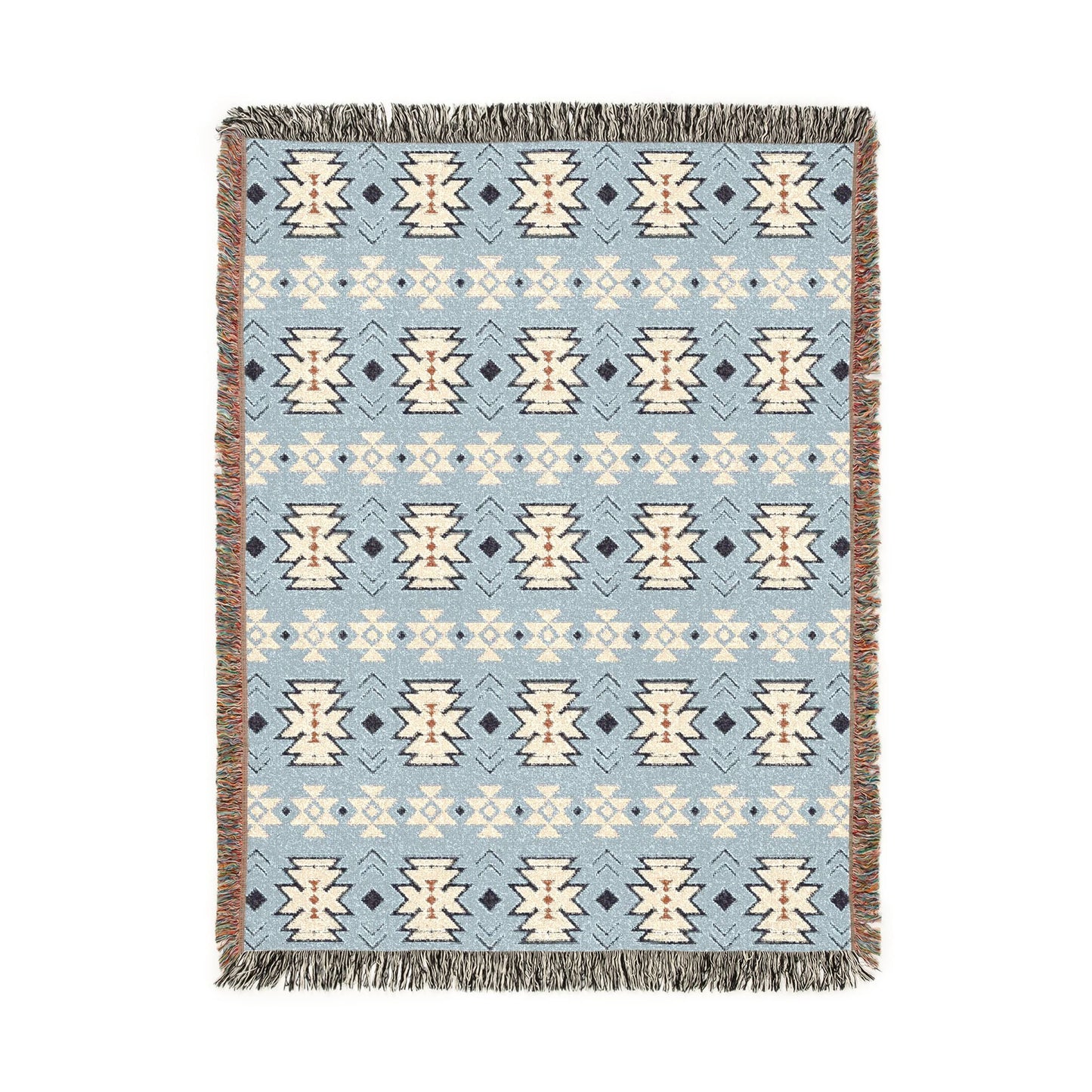 Southwestern woven blanket in pale blue with cream and navy medallion motifs, shown flat
