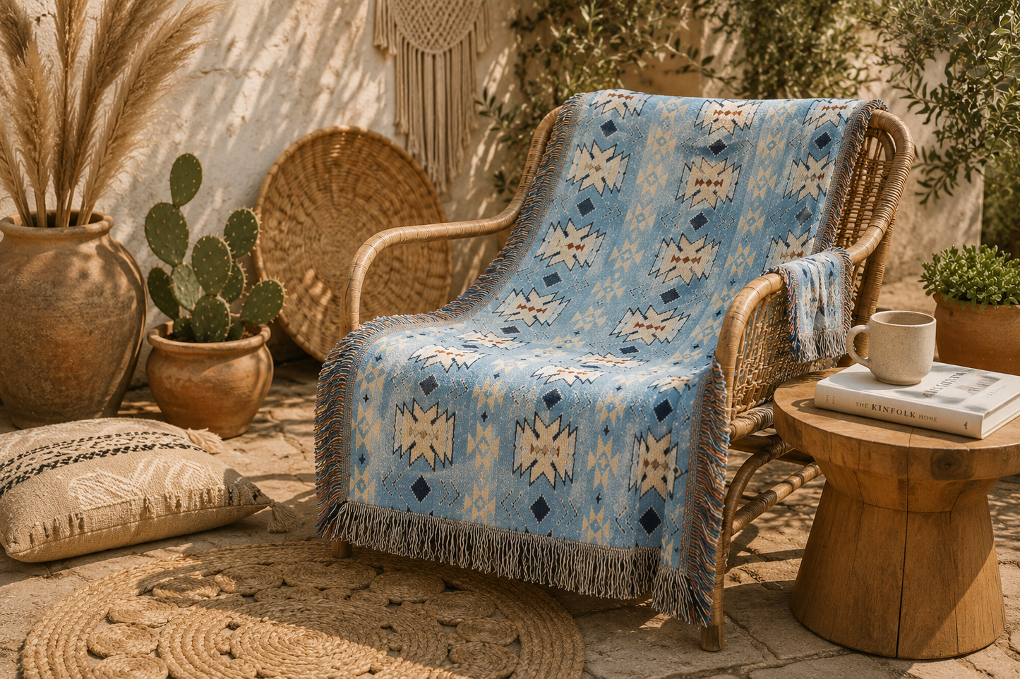 Sky blue Southwestern woven blanket over a rattan chair in a boho corner with cacti and a woven wall hanging