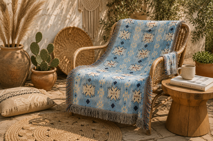 Sky blue Southwestern woven blanket over a rattan chair in a boho corner with cacti and a woven wall hanging
