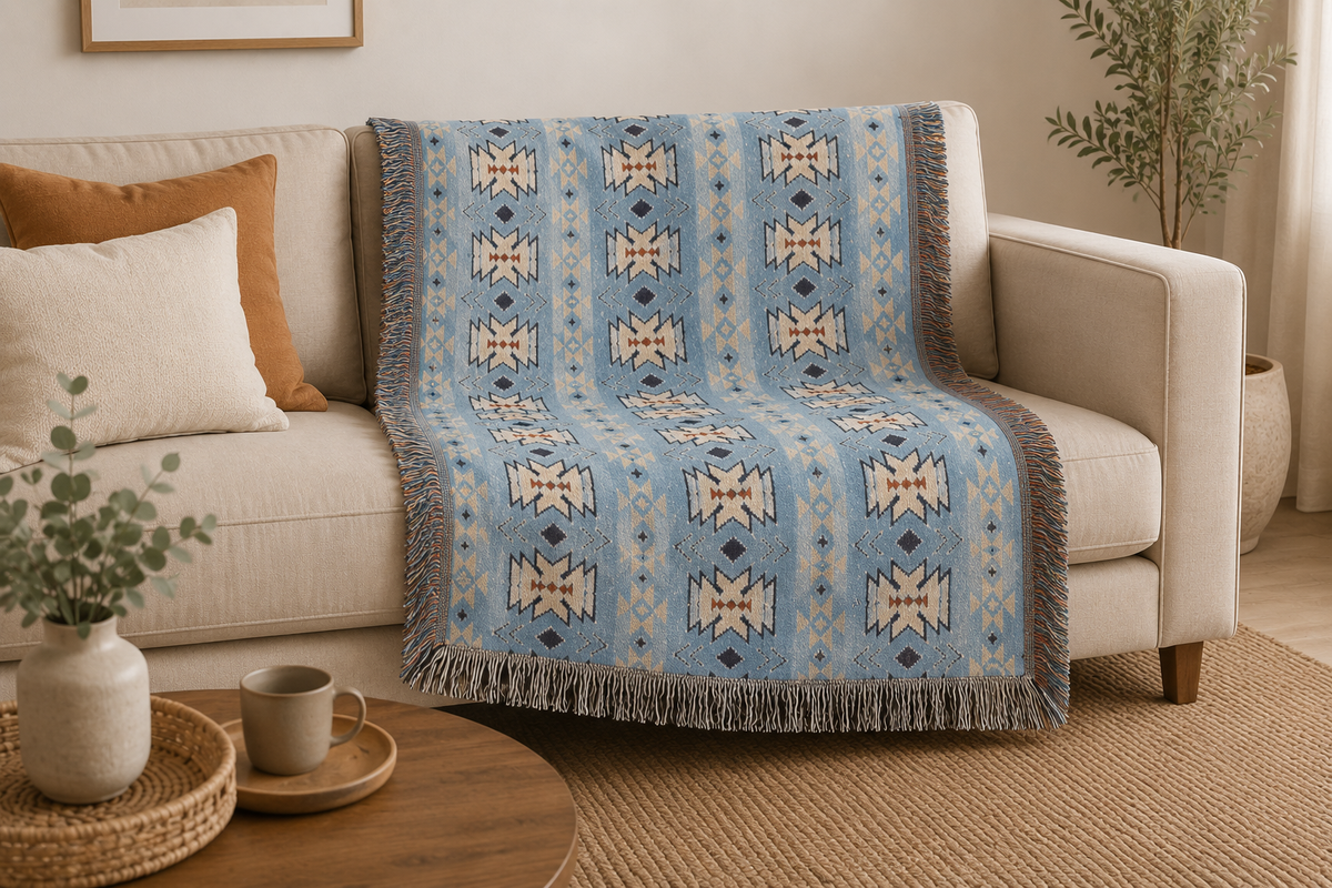 Sky blue Southwestern woven blanket draped over a cream sofa beside a wooden coffee table