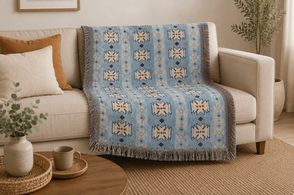 Sky blue Southwestern woven blanket draped over a cream sofa beside a wooden coffee table
