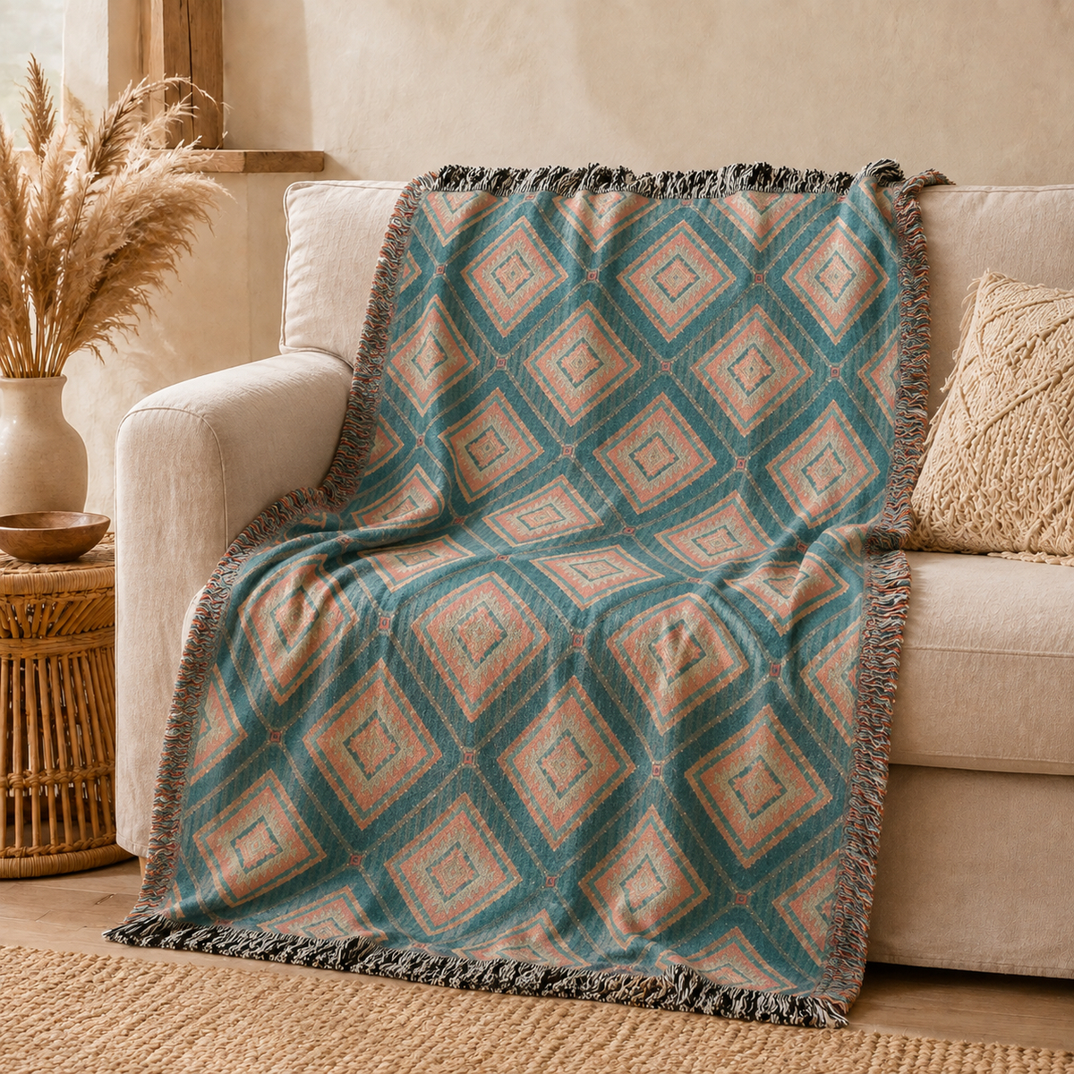 Southwestern teal and rose woven blanket over a cream armchair in a boho corner
