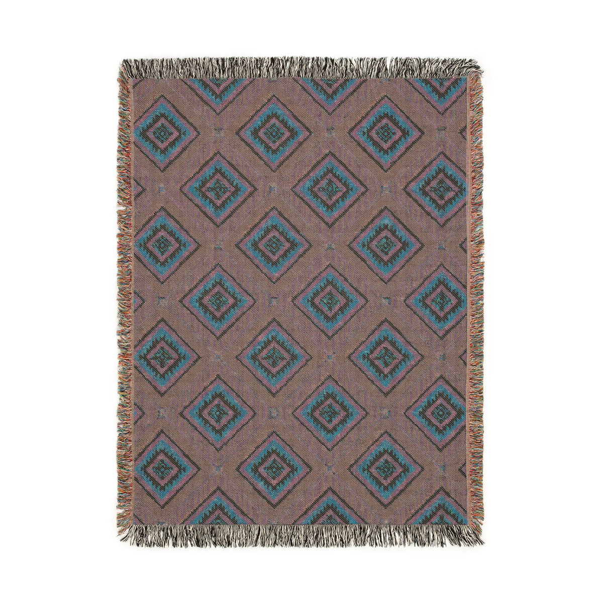 Reverse side of the Southwestern teal and rose woven blanket in dusty pink and grey
