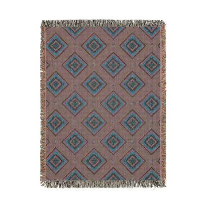 Reverse side of the Southwestern teal and rose woven blanket in dusty pink and grey