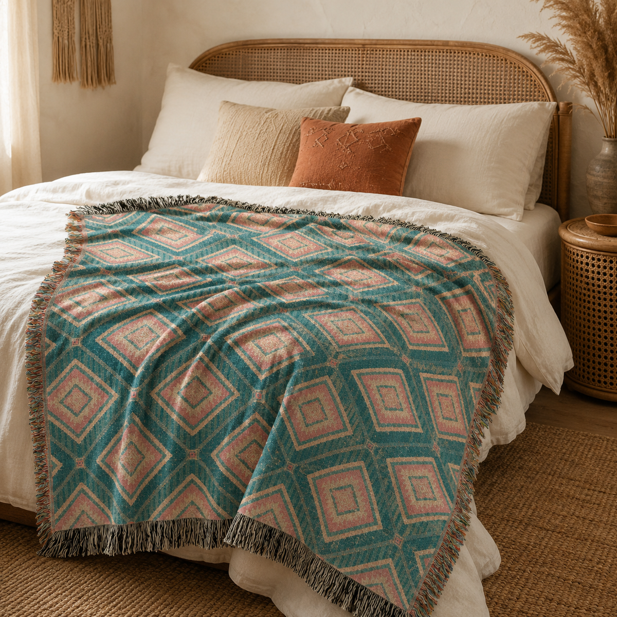 Southwestern teal and rose woven blanket spread across a bed with cream linens