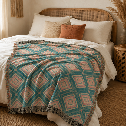 Southwestern teal and rose woven blanket spread across a bed with cream linens