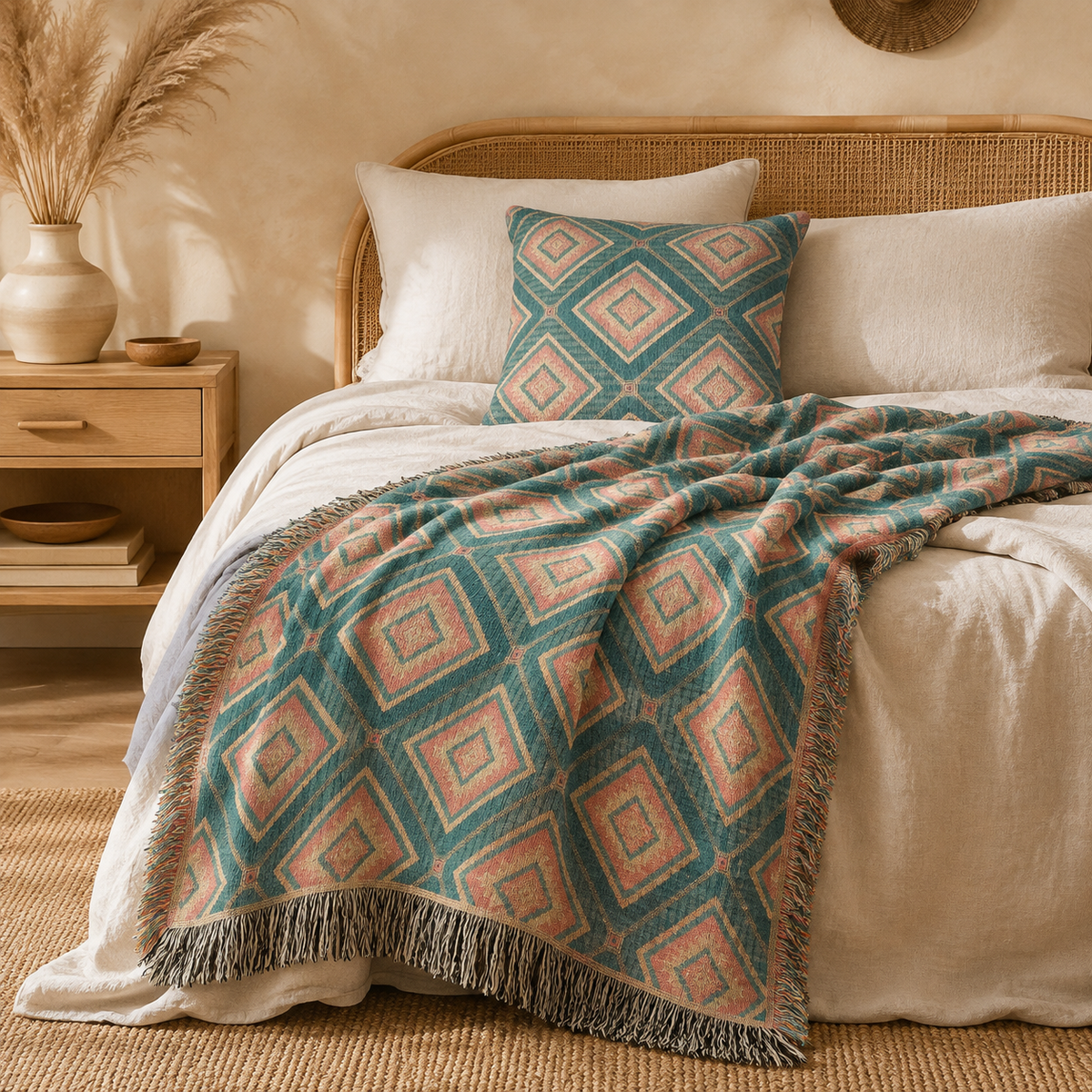 Southwestern teal and rose woven blanket on a bed with the matching woven pillow