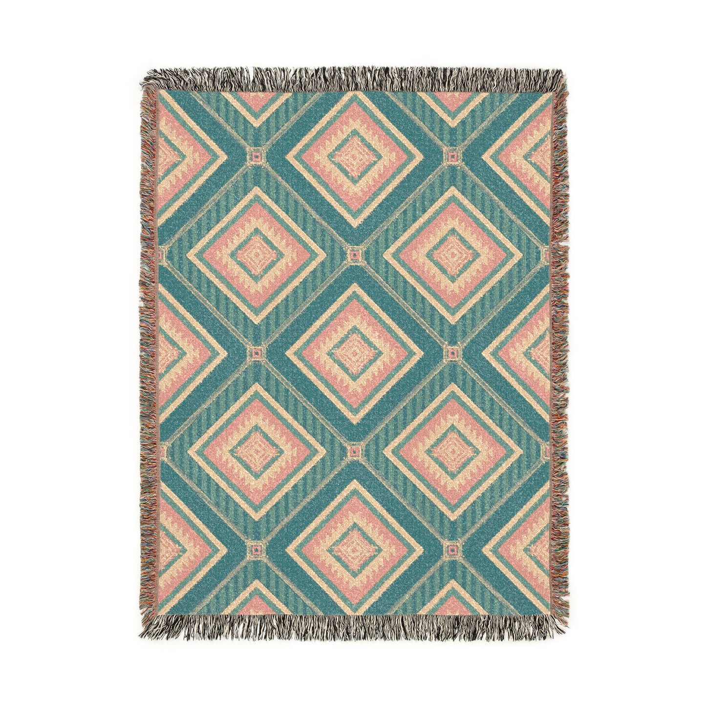 Southwestern woven blanket in teal with dusty rose and cream diamonds, shown flat