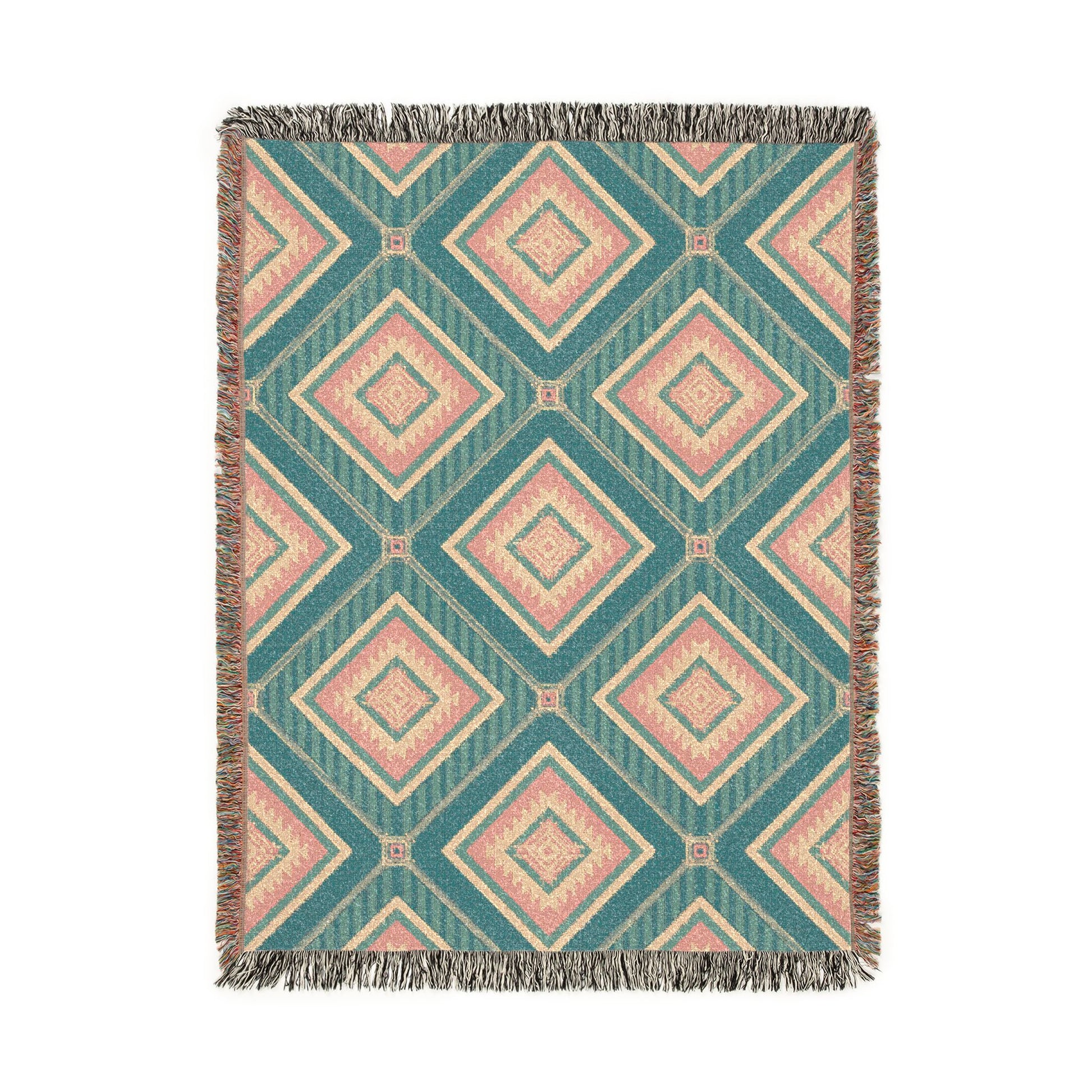 Southwestern woven blanket in teal with dusty rose and cream diamonds, shown flat