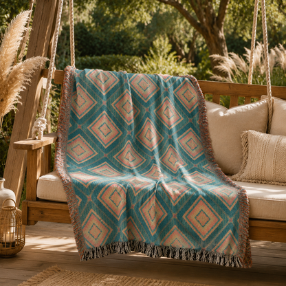 Southwestern teal and rose woven blanket over an outdoor chair with cushions