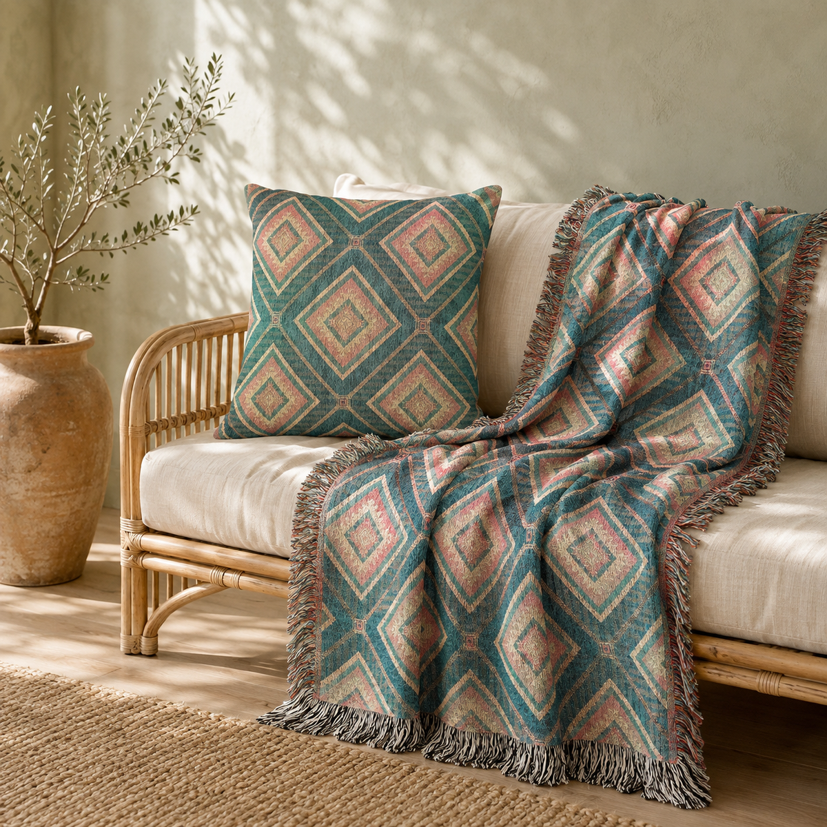 Southwestern teal and rose woven blanket on a rattan sofa with the matching woven pillow