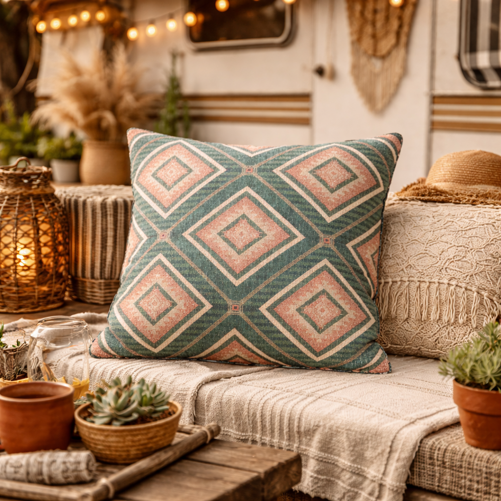 Teal and rose Southwestern woven pillow styled on a sofa