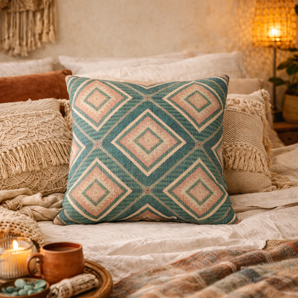 Teal and dusty rose Southwestern cushion in a boho interior