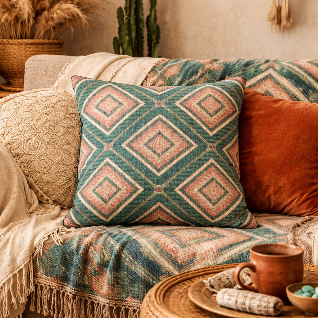 Close-up of the teal and rose woven diamond pattern