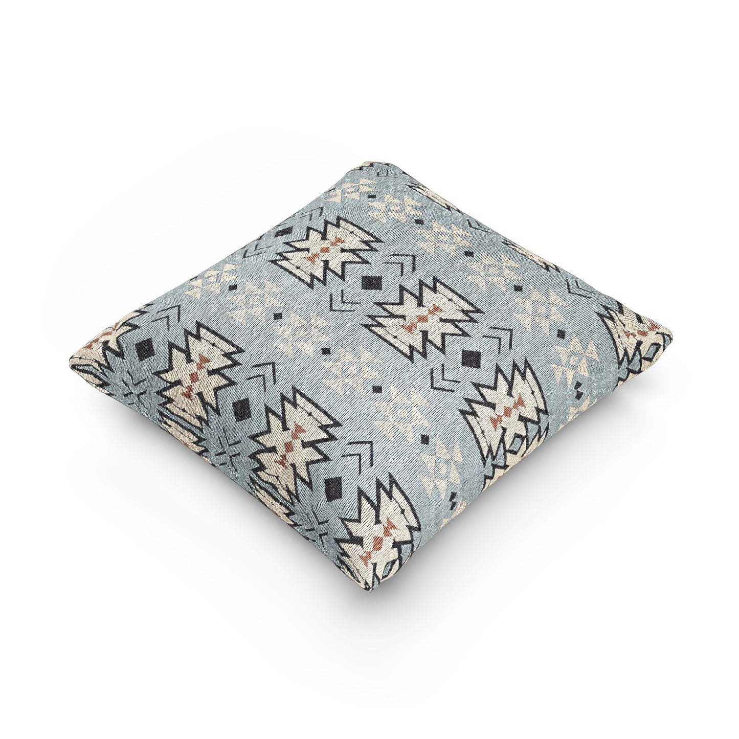 Pale blue Southwestern woven pillow shown at an angle to show its depth and seam