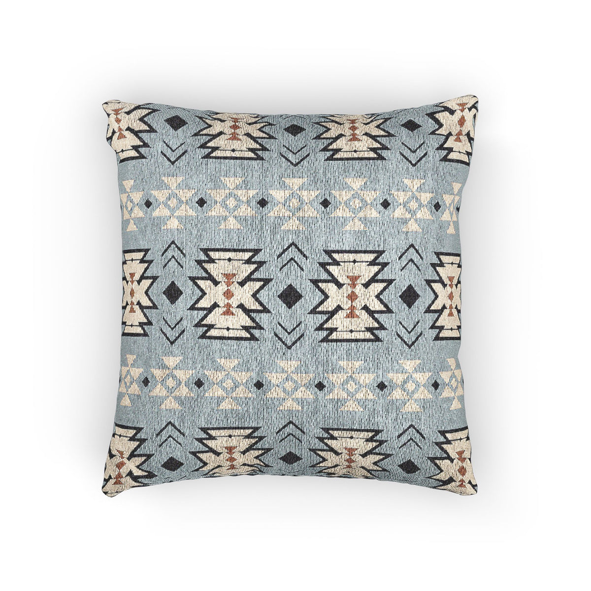 Southwestern woven pillow in pale blue with cream and charcoal stepped diamonds, front view