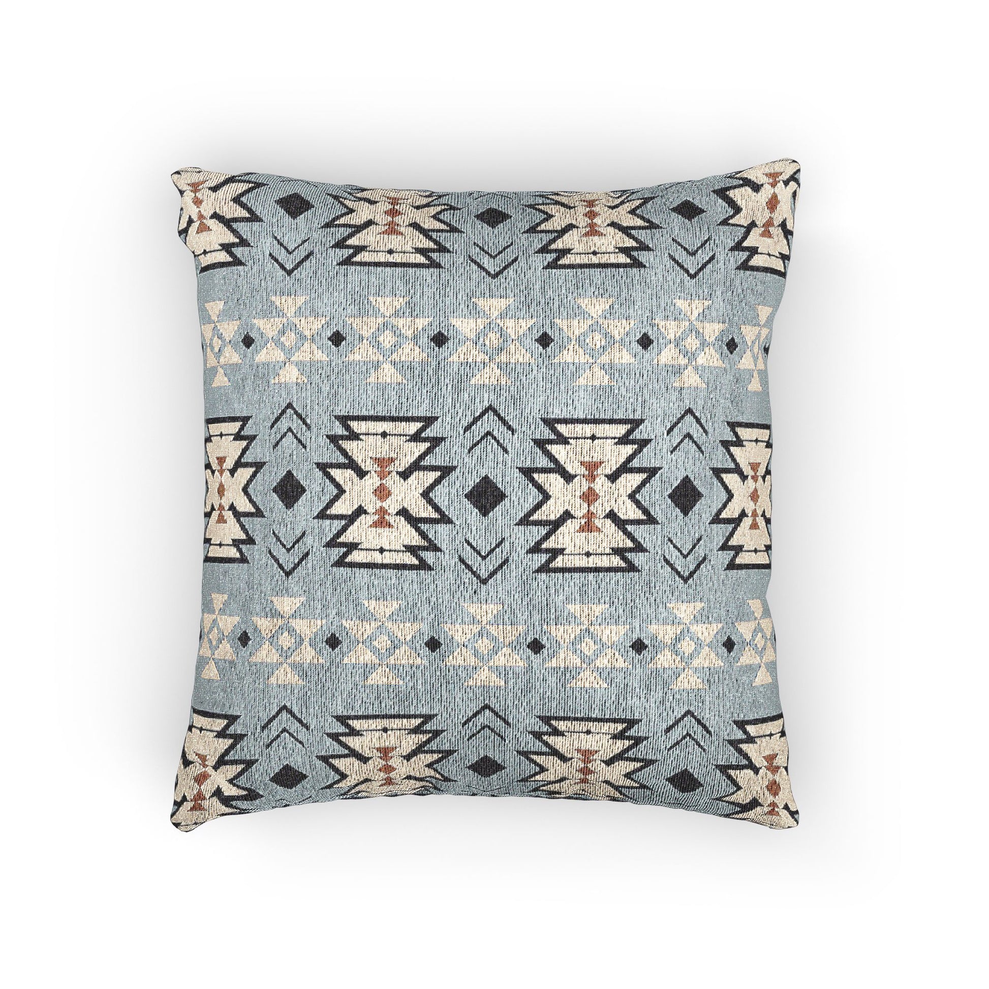 Southwestern woven pillow in pale blue with cream and charcoal stepped diamonds, front view