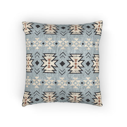 Southwestern woven pillow in pale blue with cream and charcoal stepped diamonds, front view