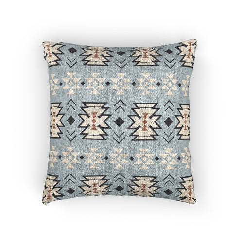 Southwestern woven pillow in pale blue with cream and charcoal stepped diamonds, front view
