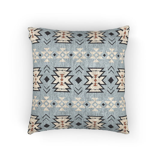 Southwestern woven pillow in pale blue with cream and charcoal stepped diamonds, front view